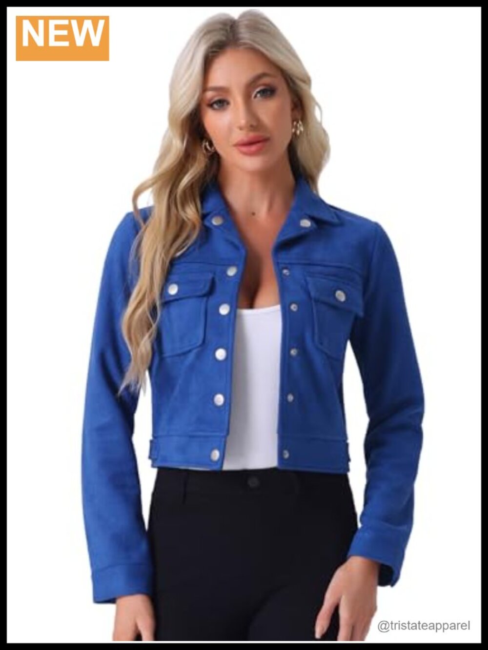 Faux Suede Cropped Button Down Jacket Notched Collar Snap Flap Pockets